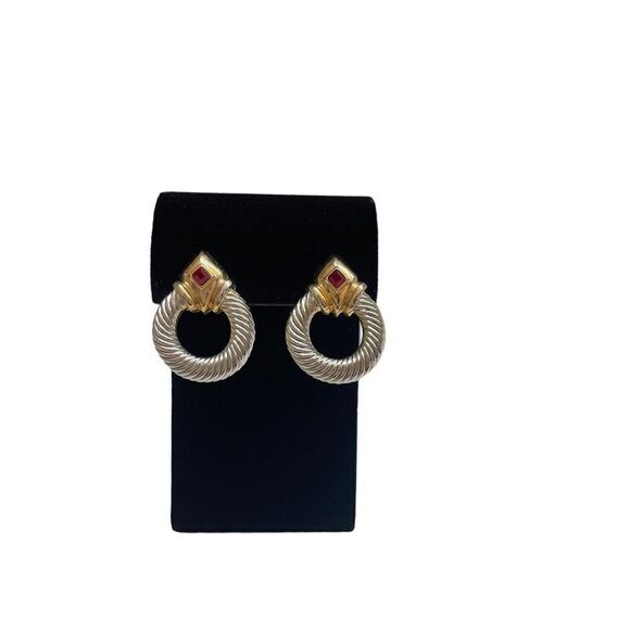 Vintage 80’s Twist Silver/Gold Tone Cable Door Knocker with Red Stone Earrings - Picture 2 of 7